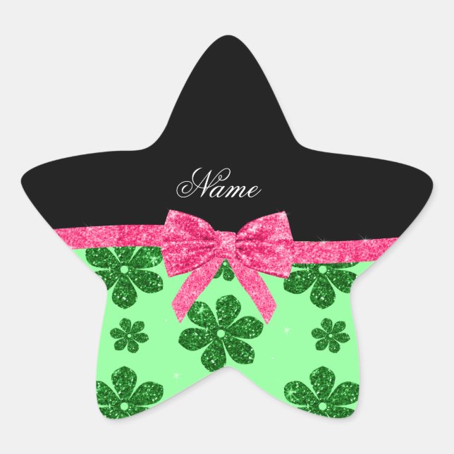Custom name light green glitter flowers pink bow star sticker (Front)