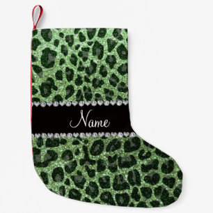 Custom name light green glitter leopard print small christmas stocking