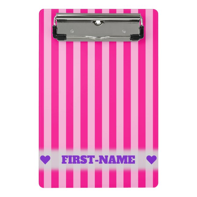 Custom Name + Light Pink & Deep Pink Stripes Mini Clipboard (Front)