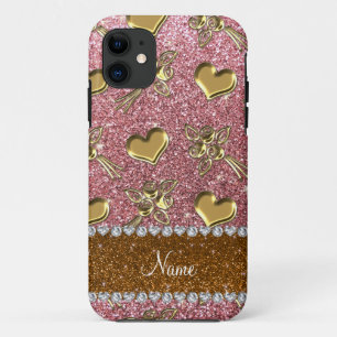Custom name light pink glitter gold roses hearts iPhone 11 case