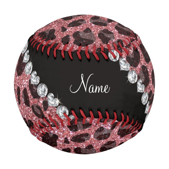 Custom name light pink glitter leopard print baseball (Front)