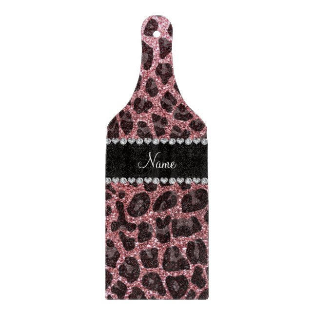 Custom name light pink glitter leopard print cutting board (Front)