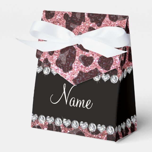 Custom name light pink glitter leopard print favour box (Front Side)