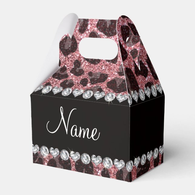 Custom name light pink glitter leopard print favour box (Front Side)