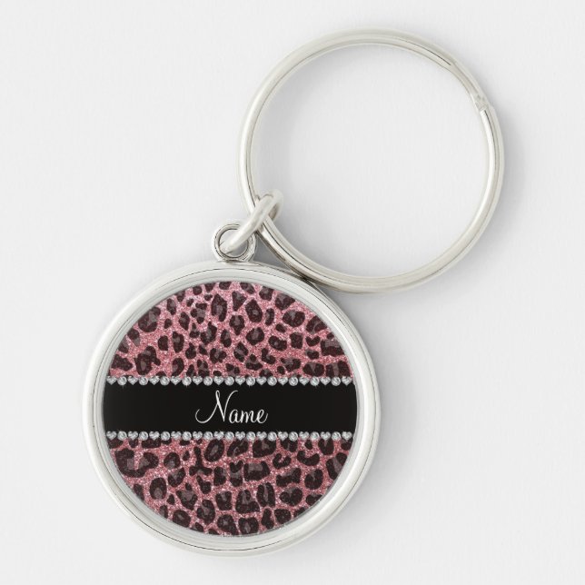 Custom name light pink glitter leopard print key ring (Front)