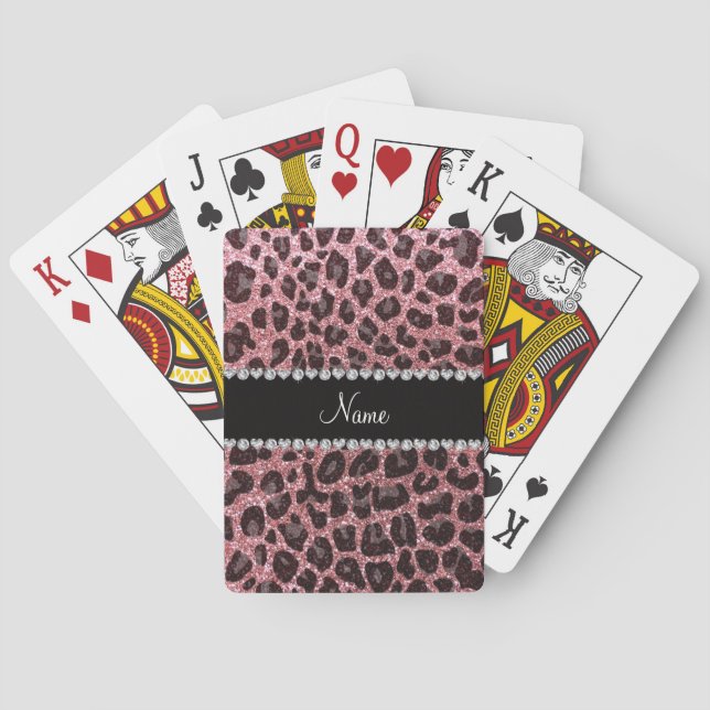 Custom name light pink glitter leopard print playing cards (Back)