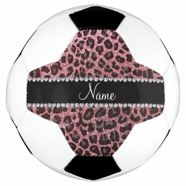 Custom name light pink glitter leopard print soccer ball (Front)