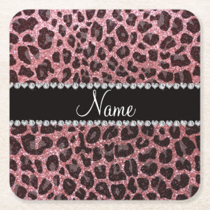 Custom name light pink glitter leopard print square paper coaster