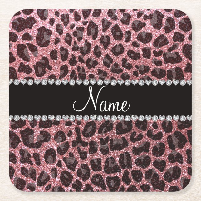 Custom name light pink glitter leopard print square paper coaster (Front)