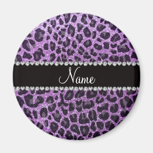 Custom name light purple glitter leopard print magnet