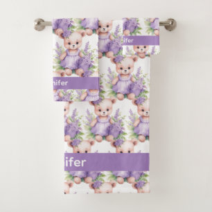 Custom Name Lilac Teddy Bear Girl's Bath Towel Set