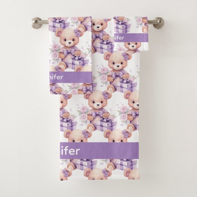 Custom Name Lilac Teddy Bear Girl's Bath Towel Set (Insitu)