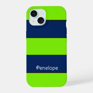 Custom Name Lime Green Dark Blue Stripes iPhone 15 Case