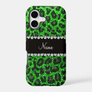 Custom name lime green glitter leopard print