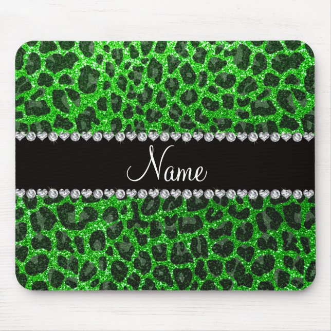 Custom name lime green glitter leopard print mouse pad (Front)