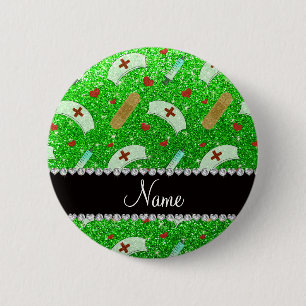 Custom name lime green glitter nurse hats heart 6 cm round badge