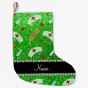 Custom name lime green glitter nurse hats heart small christmas stocking