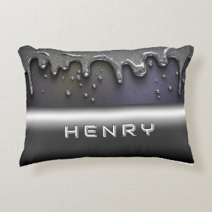 Custom Name Liquid Chrome Drip Luxury Silver Decorative Cushion