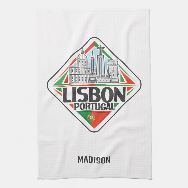 Custom Name Lisbon Portugal Tea Towel (Vertical)