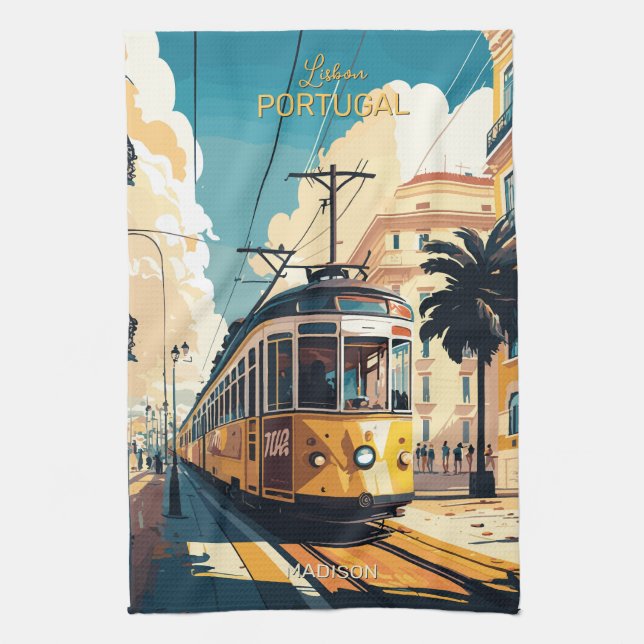 Custom Name Lisbon Portugal Tea Towel (Vertical)