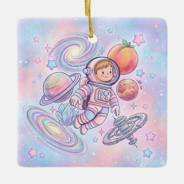 Custom Name Little Astronaut Boy Space Galaxy  Ceramic Ornament (Front)