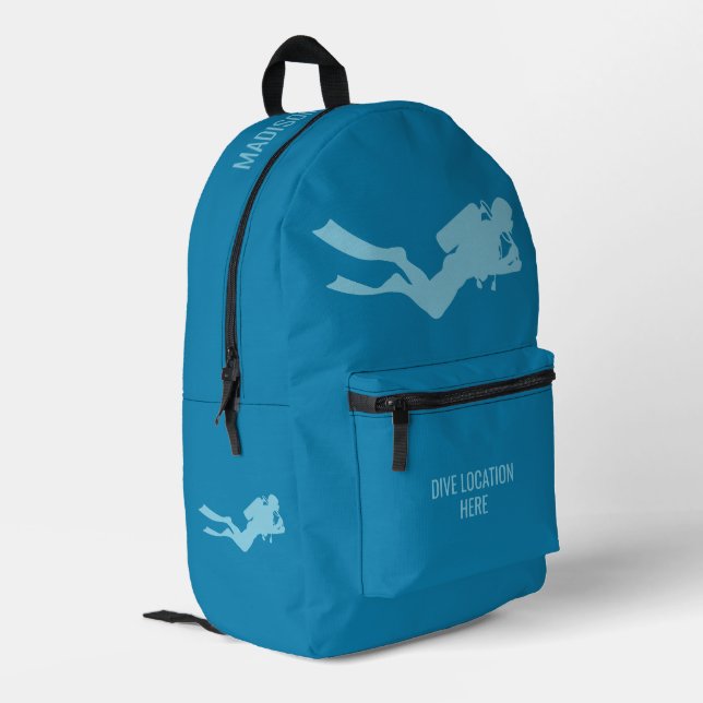 Custom Name & Location Scuba Diver Printed Backpack (Back Corner Left)