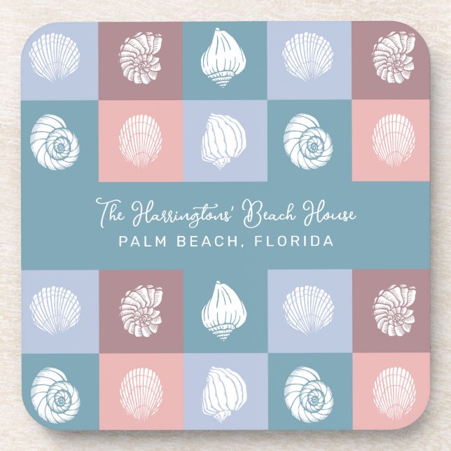 Custom Name & Location Seashells Pattern Coaster (Front)