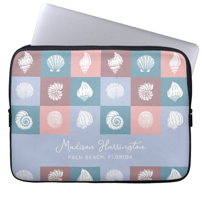 Custom Name & Location Seashells Pattern Laptop Sleeve (Front)