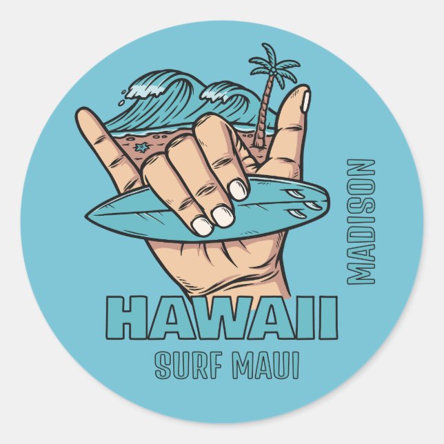 Custom Name & Location Surf Shaka Classic Round Sticker (Front)