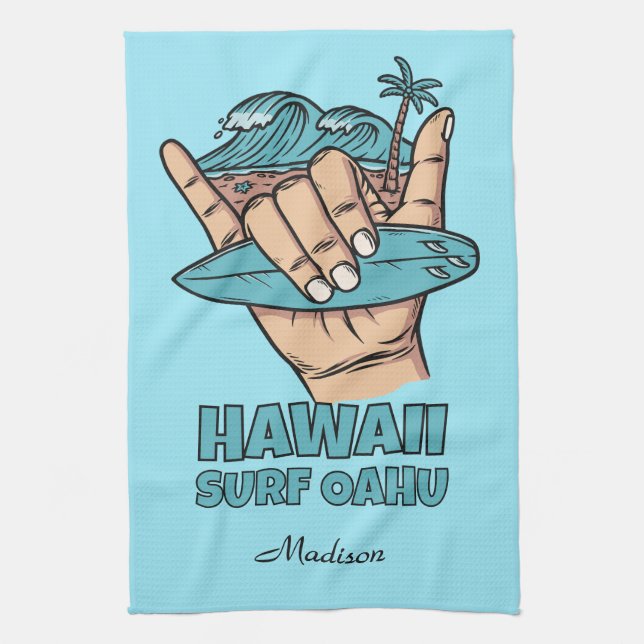 Custom Name & Location Surf Shaka Tea Towel (Vertical)