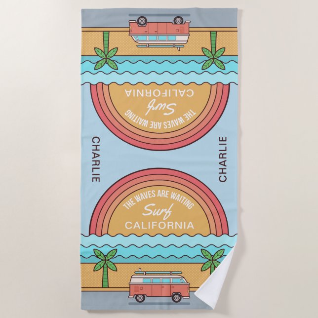 Custom Name & Location Surfer beach towel (Front)