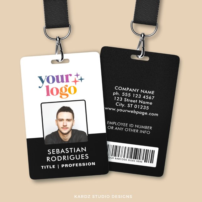 Custom Name Logo Photo Barcode Employee ID Badge (Personalize this double sided badge with logo, name, title, barcode and business info.)