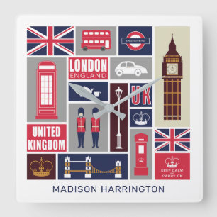 Custom Name London UK Icons Square Wall Clock