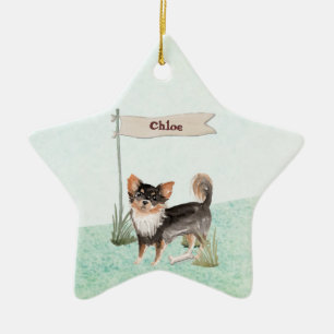 Custom Name Long Haired Chihuahua Pet Dog Ceramic Tree Decoration