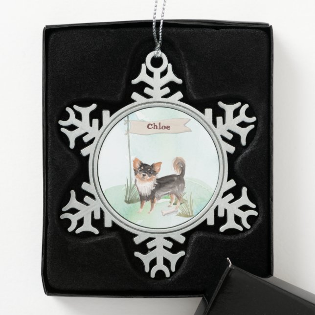 Custom Name Long Haired Chihuahua Pet Dog Snowflake Pewter Christmas Ornament (Box)