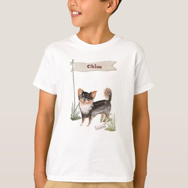 Custom Name Long Haired Chihuahua Pet Dog T-Shirt (Front)