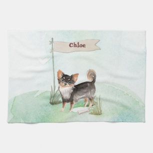 Custom Name Long Haired Chihuahua Pet Dog Tea Towel