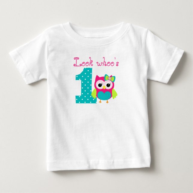 Custom name Look whoo's one Owl birthday Baby T-Shirt (Front)