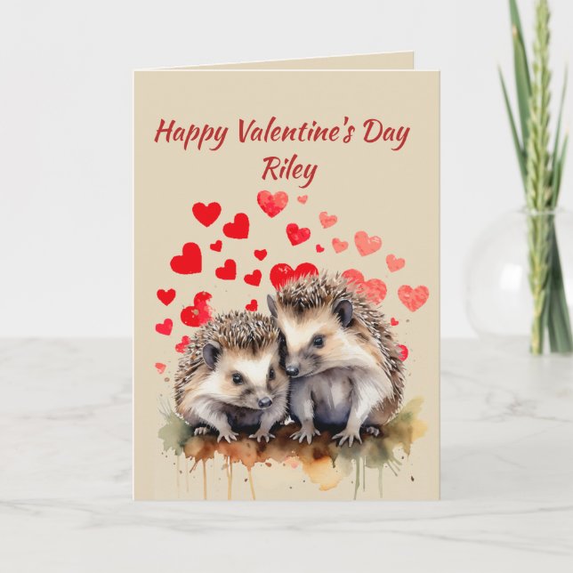 Custom Name Love Cute Hedgehog Animal Hearts Holiday Card (Front)