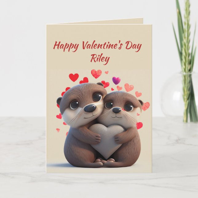 Custom Name Love Cute Otter Animals Hearts Holiday Card (Front)