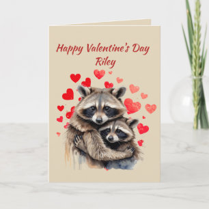 Custom Name Love Cute Racoon Animal Hearts Holiday Card