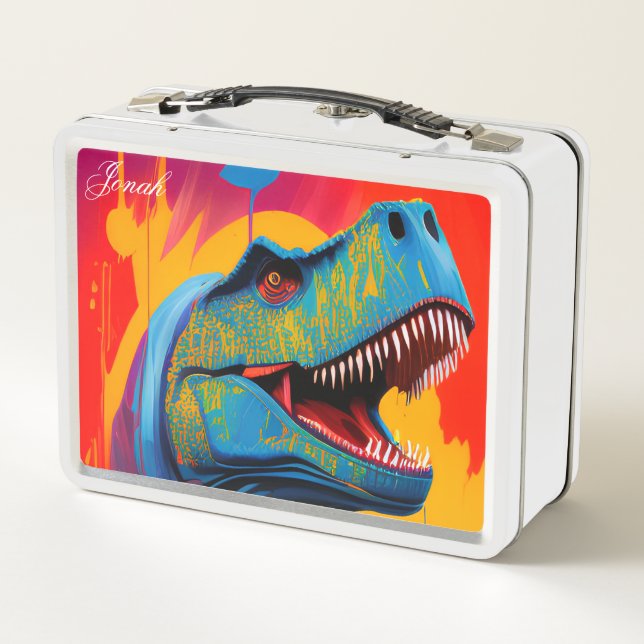 Custom Name Lunch Box, Colourful T-Rex Dinosaur  Metal Lunch Box (Back)