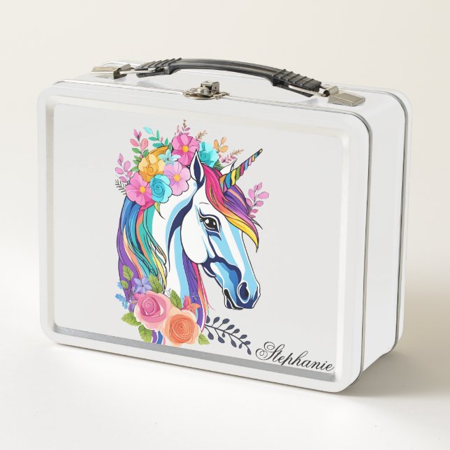 Custom Name Lunchbox, Unique Unicorn Design Floral Metal Lunch Box (Front)