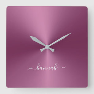 Custom Name Magenta Metallic Style Acrylic Square Wall Clock