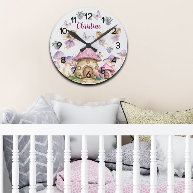 Custom Name Magic Fairies Pink Mushrooms Round Clock (Creator Uploaded)