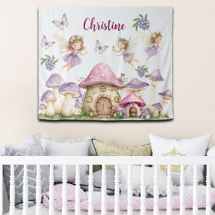 Custom Name Magic Fairies Pink Mushrooms Tapestry