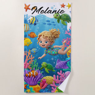 Custom Name Magical Coral Reef Adventure Beach Towel