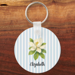 Custom Name Magnolia Painting Nautical Stripe  Key Ring