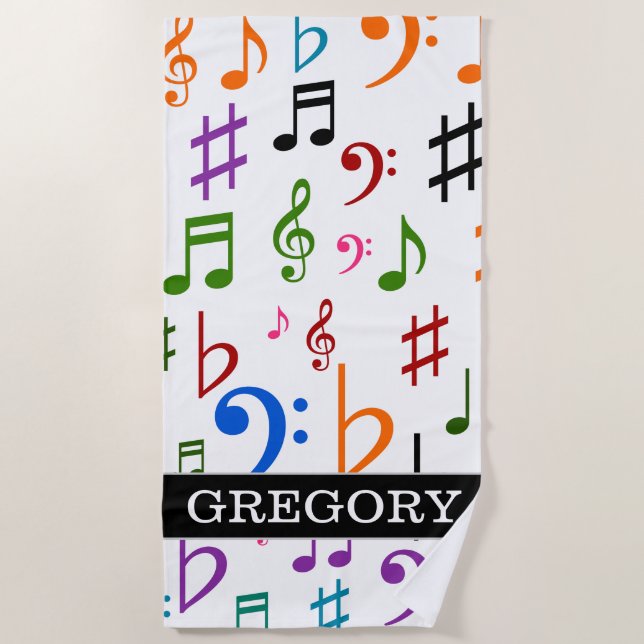 Custom Name; Many Colourful Music Notes and Beach Towel (Front)