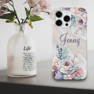 Custom Name Marble Floral Personalised Watercolor iPhone 16 Pro Max Case